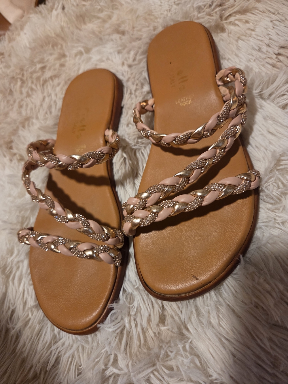 Braided Pink Slide Sandals with Gold Chain Accent
